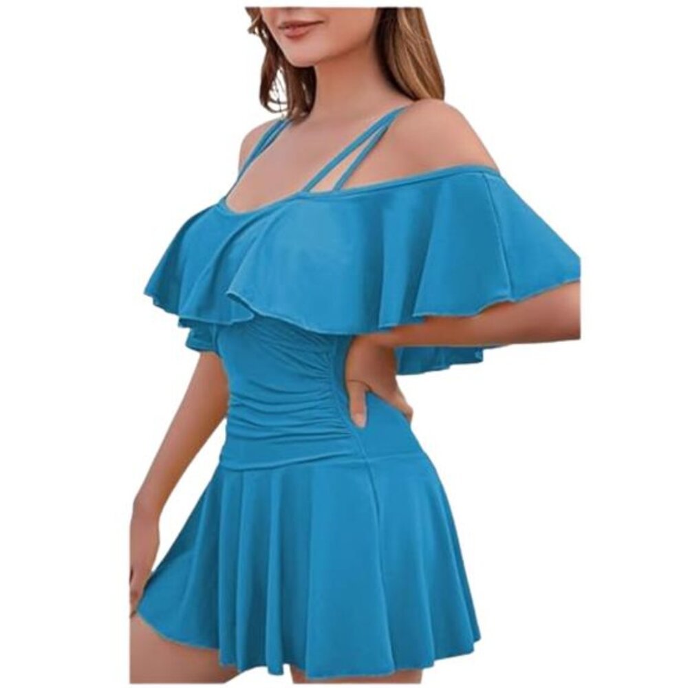 NEW COCOPEAR Deep Sky Blue One Piece Flounce Swimsuit Off Shoulder, Womens XL